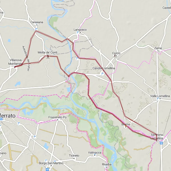 Miniaturní mapa "Gravelová trasa kolem Sartirana Lomellina" inspirace pro cyklisty v oblasti Lombardia, Italy. Vytvořeno pomocí plánovače tras Tarmacs.app