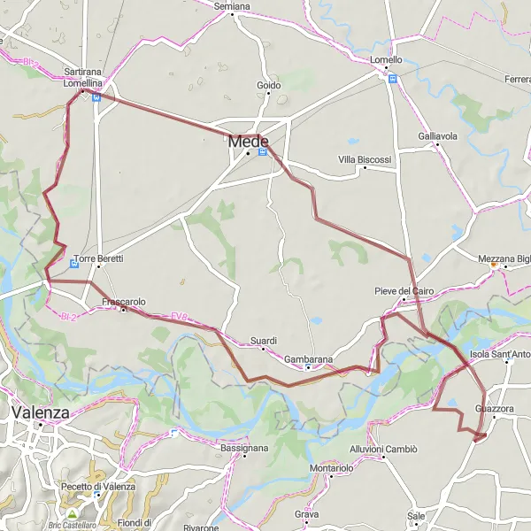 Miniatua del mapa de inspiración ciclista "Ruta de ciclismo en gravilla a Castello di Sartirana" en Lombardia, Italy. Generado por Tarmacs.app planificador de rutas ciclistas