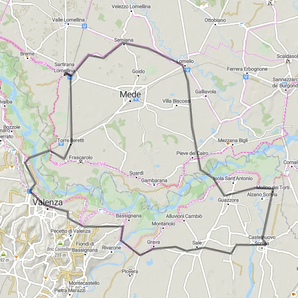 Mapa miniatúra "Road Route Sartirana Lomellina - Torre Beretti" cyklistická inšpirácia v Lombardia, Italy. Vygenerované cyklistickým plánovačom trás Tarmacs.app