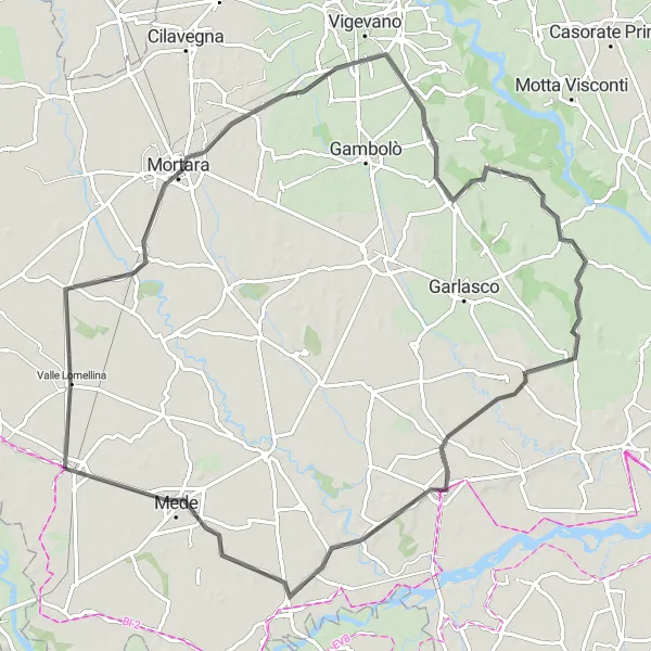 Zemljevid v pomanjšavi "Kolesarska pot do Mortare" kolesarske inspiracije v Lombardia, Italy. Generirano z načrtovalcem kolesarskih poti Tarmacs.app