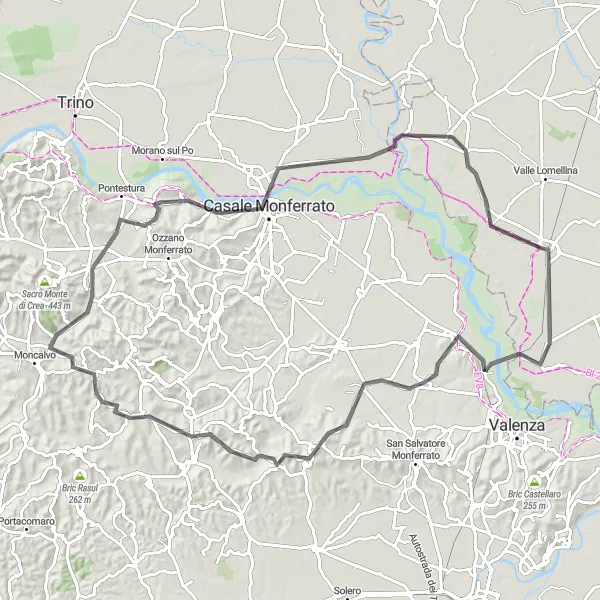 Zemljevid v pomanjšavi "Kolesarska dogodivščina skozi Monferrato" kolesarske inspiracije v Lombardia, Italy. Generirano z načrtovalcem kolesarskih poti Tarmacs.app