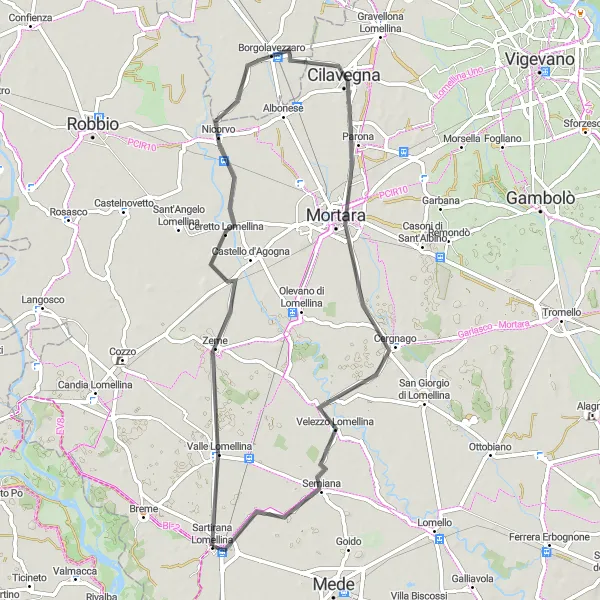 Karttaminiaatyyri "Lomellina Countryside Ride" pyöräilyinspiraatiosta alueella Lombardia, Italy. Luotu Tarmacs.app pyöräilyreittisuunnittelijalla