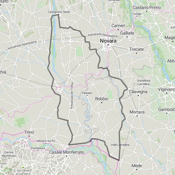 Kartminiatyr av "Tur fra Sartirana Lomellina til Borgolavezzaro" sykkelinspirasjon i Lombardia, Italy. Generert av Tarmacs.app sykkelrutoplanlegger
