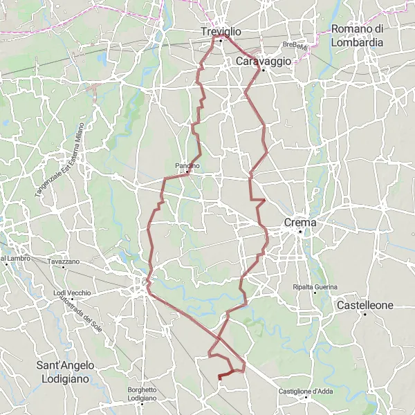 Miniatura della mappa di ispirazione al ciclismo "Percorso in bicicletta gravel da Secugnago a Turano Lodigiano" nella regione di Lombardia, Italy. Generata da Tarmacs.app, pianificatore di rotte ciclistiche