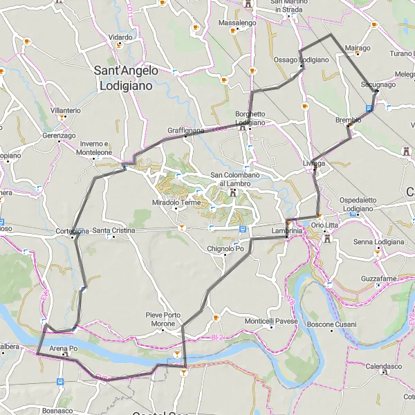 Miniaturní mapa "Okruh přes Brembio" inspirace pro cyklisty v oblasti Lombardia, Italy. Vytvořeno pomocí plánovače tras Tarmacs.app