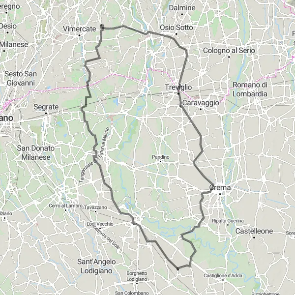 Miniatura della mappa di ispirazione al ciclismo "Giro in bicicletta da Secugnago a Secugnago attraversando Lodi, Paullo, Caponago, Trezzo sull'Adda, Treviglio, Ombriano, Cavenago d'Adda e Terenzano" nella regione di Lombardia, Italy. Generata da Tarmacs.app, pianificatore di rotte ciclistiche