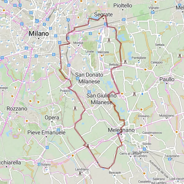 Miniaturní mapa "Gravel Tour de Segrate" inspirace pro cyklisty v oblasti Lombardia, Italy. Vytvořeno pomocí plánovače tras Tarmacs.app