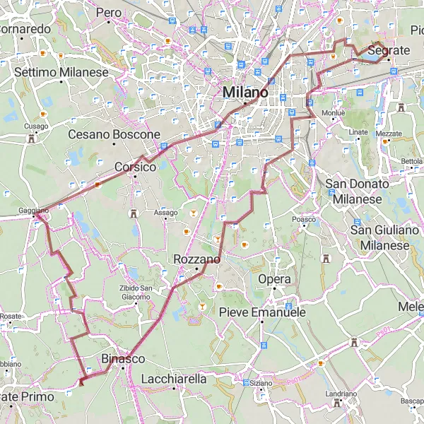 Map miniature of "Lombardia Gravel Route: Lambrate to Segrate" cycling inspiration in Lombardia, Italy. Generated by Tarmacs.app cycling route planner