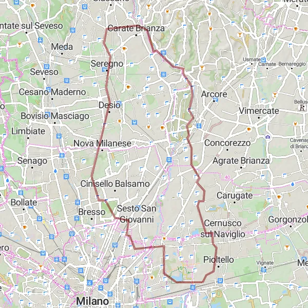 Miniaturní mapa "Gravel route to Sesto San Giovanni and Triuggio" inspirace pro cyklisty v oblasti Lombardia, Italy. Vytvořeno pomocí plánovače tras Tarmacs.app
