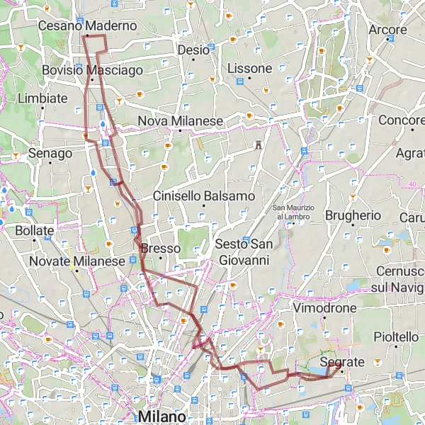 Miniatuurkaart van de fietsinspiratie "Grindpadroute vanuit Segrate" in Lombardia, Italy. Gemaakt door de Tarmacs.app fietsrouteplanner