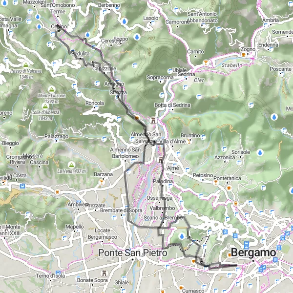 Miniaturní mapa "Cyklotrasa Cepino - Ponte Giurino" inspirace pro cyklisty v oblasti Lombardia, Italy. Vytvořeno pomocí plánovače tras Tarmacs.app