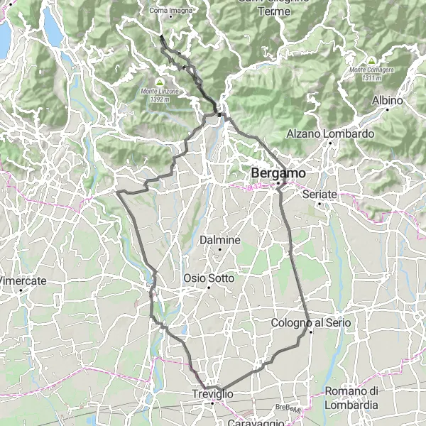 Kartminiatyr av "Spännande landsvägscykelrutt" cykelinspiration i Lombardia, Italy. Genererad av Tarmacs.app cykelruttplanerare