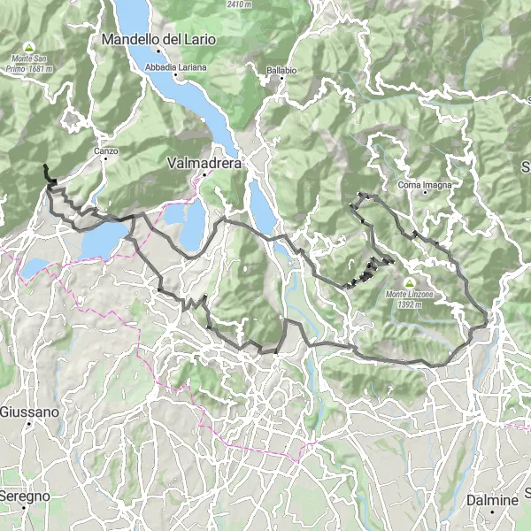 Zemljevid v pomanjšavi "Krožna kolesarska pot čez Passo di Valcava in Monte Santa Margherita" kolesarske inspiracije v Lombardia, Italy. Generirano z načrtovalcem kolesarskih poti Tarmacs.app