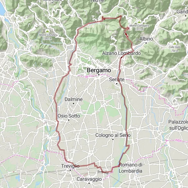 Miniature de la carte de l'inspiration cycliste "Exploration gravier de Selvino à Miragolo San Marco" dans la Lombardia, Italy. Générée par le planificateur d'itinéraire cycliste Tarmacs.app