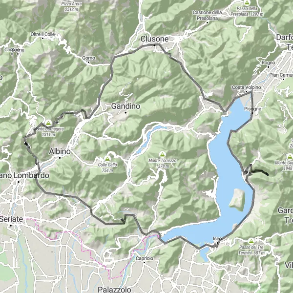 Miniatua del mapa de inspiración ciclista "Ruta de ciclismo de montaña de Selvino a Iseo y regreso" en Lombardia, Italy. Generado por Tarmacs.app planificador de rutas ciclistas