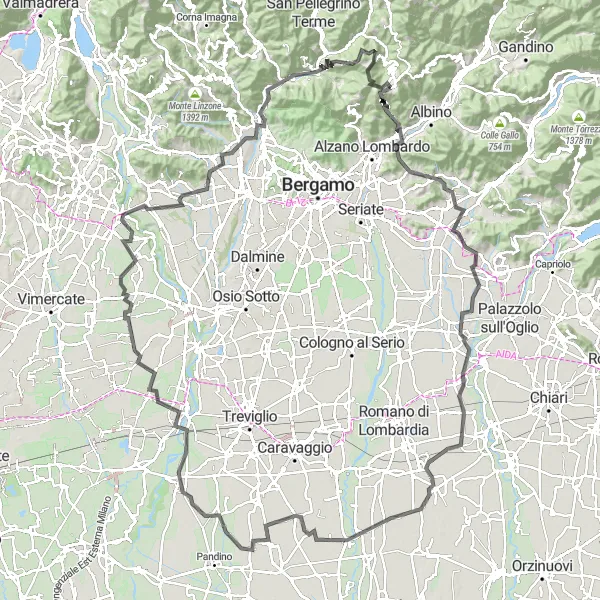 Kartminiatyr av "Oppdag Monte Podona og Monte Robbio på landeveissykling" sykkelinspirasjon i Lombardia, Italy. Generert av Tarmacs.app sykkelrutoplanlegger