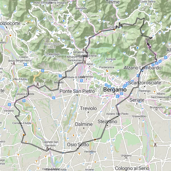 Miniatua del mapa de inspiración ciclista "Ruta de ciclismo de Nembro a Zogno por Monte Robbio" en Lombardia, Italy. Generado por Tarmacs.app planificador de rutas ciclistas