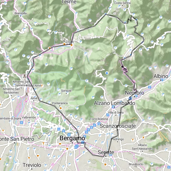 Miniatura della mappa di ispirazione al ciclismo "Selvino - Monte Cornagera" nella regione di Lombardia, Italy. Generata da Tarmacs.app, pianificatore di rotte ciclistiche