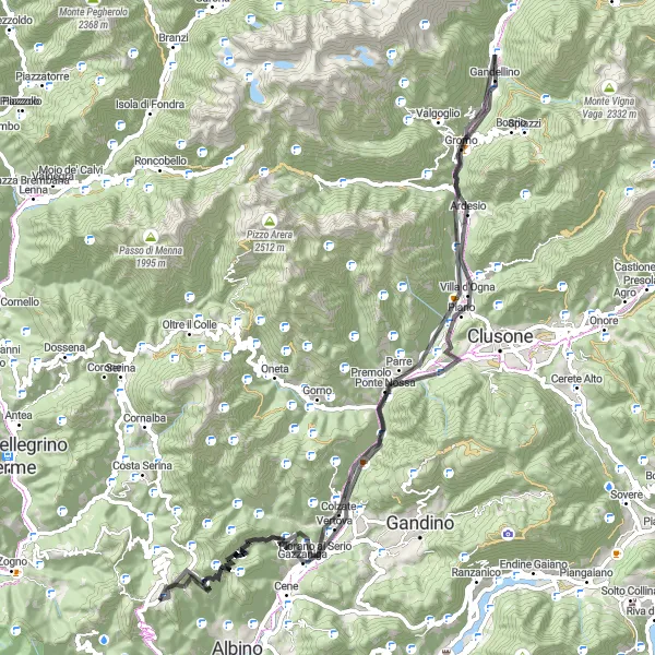 Map miniature of "Selvino Hills Adventure" cycling inspiration in Lombardia, Italy. Generated by Tarmacs.app cycling route planner