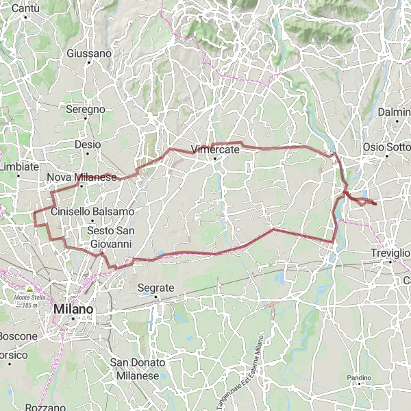 Miniatua del mapa de inspiración ciclista "Recorrido de ciclismo de gravilla desde Senago a Cassano d'Adda y Cormano" en Lombardia, Italy. Generado por Tarmacs.app planificador de rutas ciclistas
