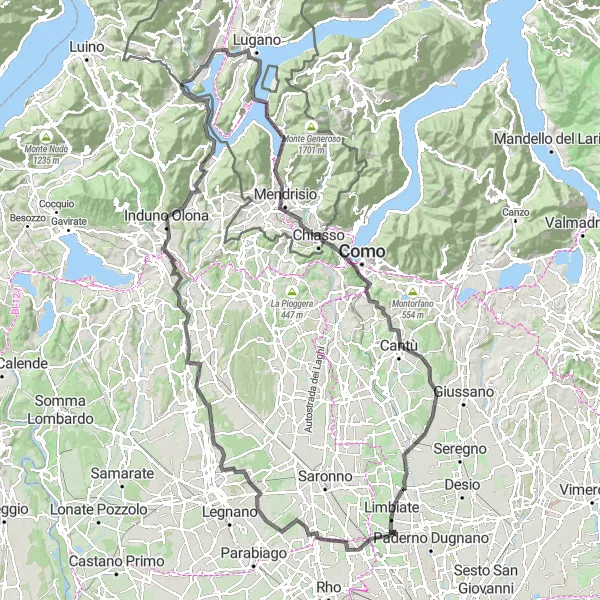 Miniaturekort af cykelinspirationen "Rundtur fra Senago til Como-søen" i Lombardia, Italy. Genereret af Tarmacs.app cykelruteplanlægger