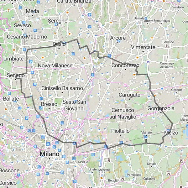 Mapa miniatúra "Okružná cyklotrasa cez Desio, Agrate Brianza a Segrate" cyklistická inšpirácia v Lombardia, Italy. Vygenerované cyklistickým plánovačom trás Tarmacs.app