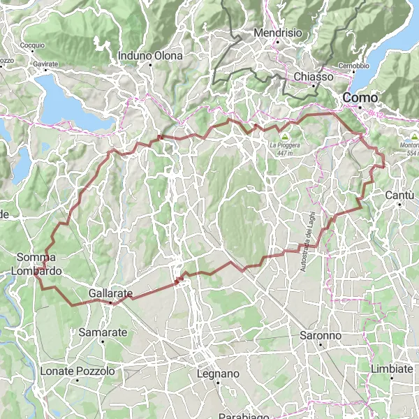 Miniatura della mappa di ispirazione al ciclismo "Gravel Adventure to Monte della Guardia" nella regione di Lombardia, Italy. Generata da Tarmacs.app, pianificatore di rotte ciclistiche