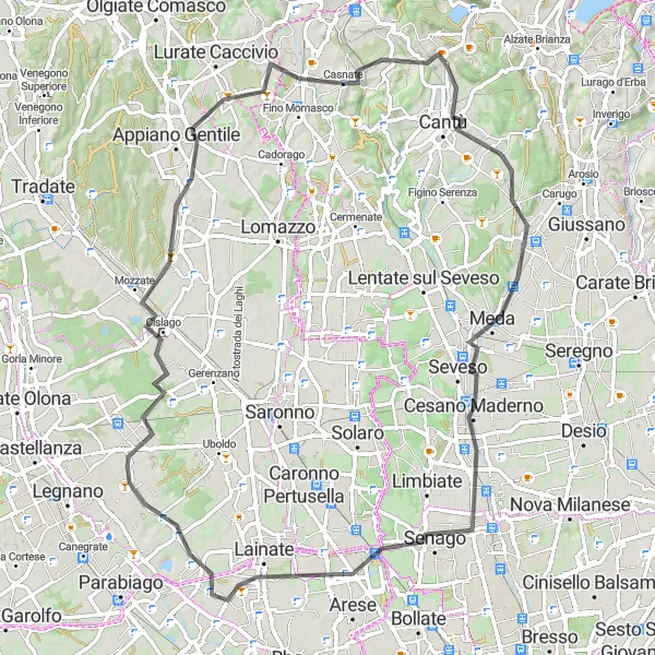 Map miniature of "Seveso and Rescaldina" cycling inspiration in Lombardia, Italy. Generated by Tarmacs.app cycling route planner