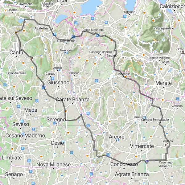 Map miniature of "Montorfano and Collinetta di Vedano" cycling inspiration in Lombardia, Italy. Generated by Tarmacs.app cycling route planner