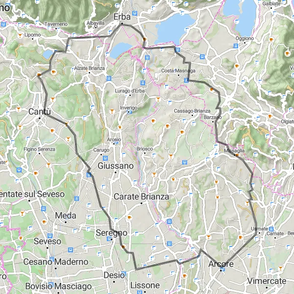 Miniature de la carte de l'inspiration cycliste "Tour de Montorfano et la region autour d'Arcore" dans la Lombardia, Italy. Générée par le planificateur d'itinéraire cycliste Tarmacs.app