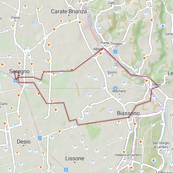 Kartminiatyr av "Oppdag Biassono Grusvei" sykkelinspirasjon i Lombardia, Italy. Generert av Tarmacs.app sykkelrutoplanlegger