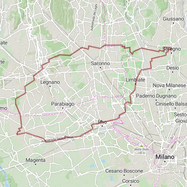 Mapa miniatúra "Gravelová trasa okolo Seregna" cyklistická inšpirácia v Lombardia, Italy. Vygenerované cyklistickým plánovačom trás Tarmacs.app
