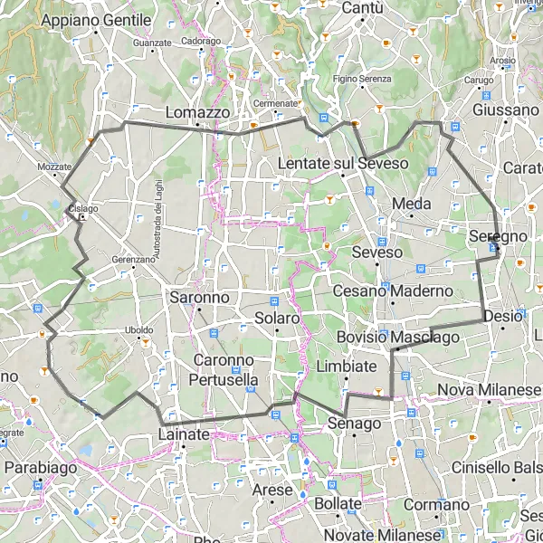 Kartminiatyr av "Längs vägar i Lombardia" cykelinspiration i Lombardia, Italy. Genererad av Tarmacs.app cykelruttplanerare