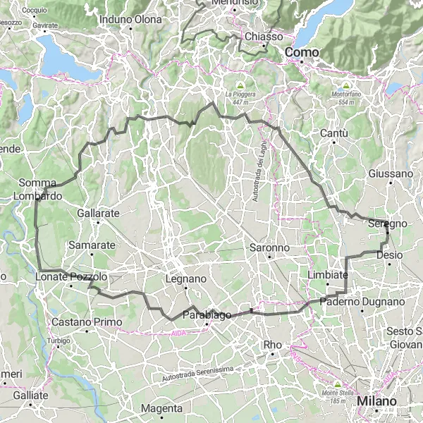 Karttaminiaatyyri "Seregno - Meda - Castronno Cycling Adventure" pyöräilyinspiraatiosta alueella Lombardia, Italy. Luotu Tarmacs.app pyöräilyreittisuunnittelijalla