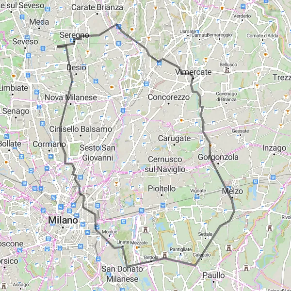 Mapa miniatúra "Scenic Cycling Loop from Seregno to Nova Milanese via Vimercate and Peschiera Borromeo" cyklistická inšpirácia v Lombardia, Italy. Vygenerované cyklistickým plánovačom trás Tarmacs.app