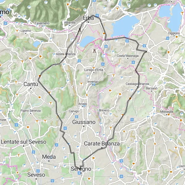 Miniature de la carte de l'inspiration cycliste "Boucle à travers la campagne de Brianza" dans la Lombardia, Italy. Générée par le planificateur d'itinéraire cycliste Tarmacs.app