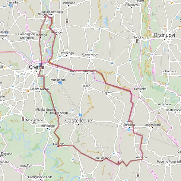 Map miniature of "Gravel Adventure through Serognano" cycling inspiration in Lombardia, Italy. Generated by Tarmacs.app cycling route planner