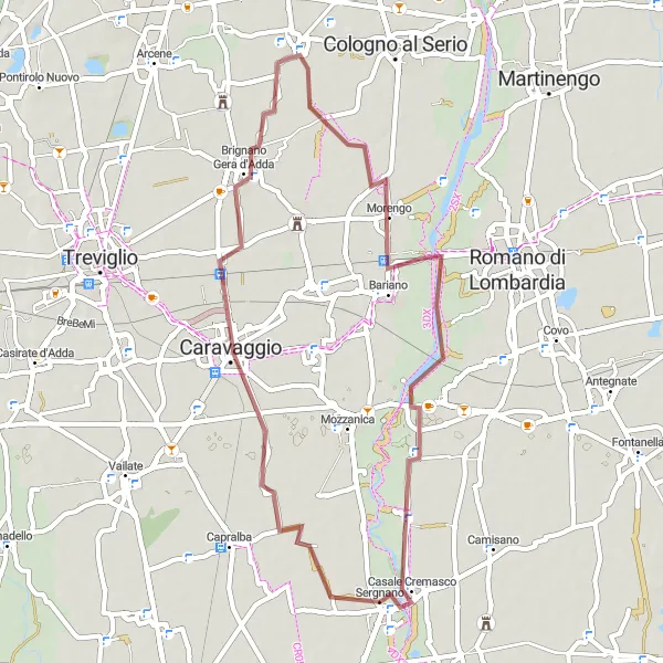 Map miniature of "Exciting Gravel Cycling Route from Sergnano to Castel Liteggio" cycling inspiration in Lombardia, Italy. Generated by Tarmacs.app cycling route planner