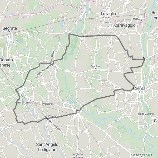 Miniature de la carte de l'inspiration cycliste "Tour à vélo sur route autour de Sergnano" dans la Lombardia, Italy. Générée par le planificateur d'itinéraire cycliste Tarmacs.app