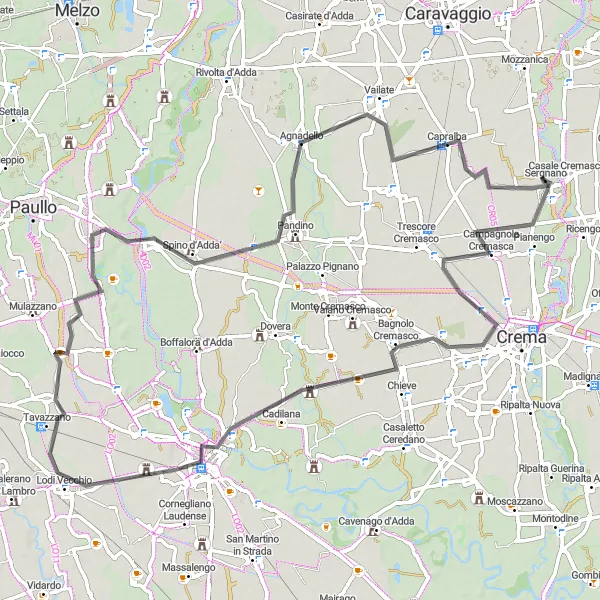 Karttaminiaatyyri "Pyöräilykierros kohti Lodi Vecchiota" pyöräilyinspiraatiosta alueella Lombardia, Italy. Luotu Tarmacs.app pyöräilyreittisuunnittelijalla