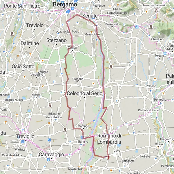 Zemljevid v pomanjšavi "Gravel Adventure to Paderno from Seriate" kolesarske inspiracije v Lombardia, Italy. Generirano z načrtovalcem kolesarskih poti Tarmacs.app