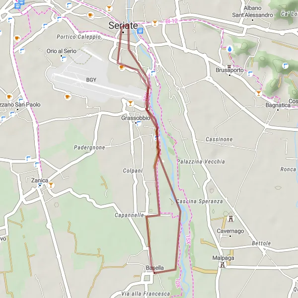 Map miniature of "Seriate Serenity" cycling inspiration in Lombardia, Italy. Generated by Tarmacs.app cycling route planner