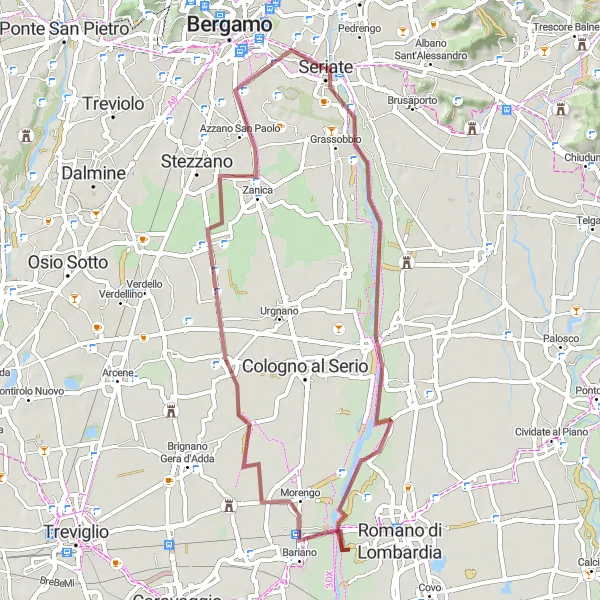 Miniatura della mappa di ispirazione al ciclismo "Cicloturismo da Grassobbio a Seriate" nella regione di Lombardia, Italy. Generata da Tarmacs.app, pianificatore di rotte ciclistiche