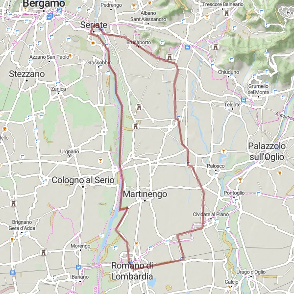 Miniatura della mappa di ispirazione al ciclismo "Avventura ciclistica da Seriate a Grassobbio" nella regione di Lombardia, Italy. Generata da Tarmacs.app, pianificatore di rotte ciclistiche