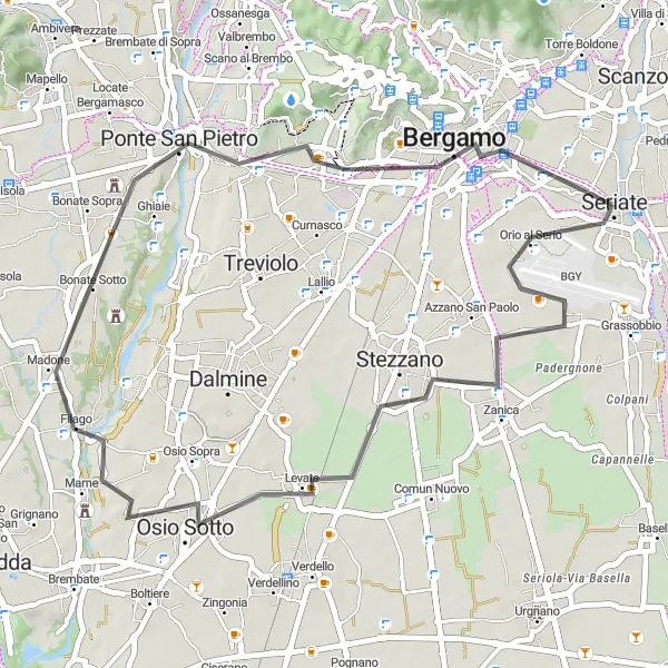 Map miniature of "Exploring the Surroundings of Seriate" cycling inspiration in Lombardia, Italy. Generated by Tarmacs.app cycling route planner