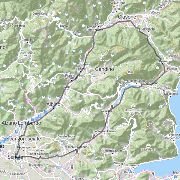 Karten-Miniaturansicht der Radinspiration "Herausfordernde 78 km lange Fahrt zu den Höhen rund um Seriate" in Lombardia, Italy. Erstellt vom Tarmacs.app-Routenplaner für Radtouren