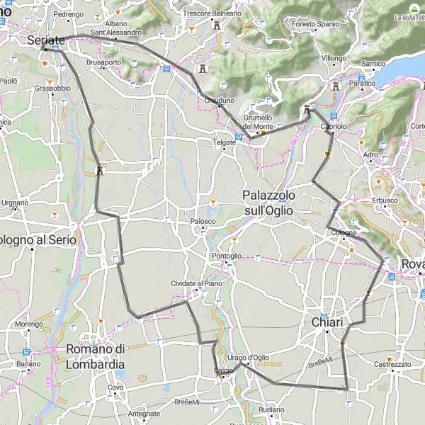 Map miniature of "Seriate to Monte San Giorgio Road Route" cycling inspiration in Lombardia, Italy. Generated by Tarmacs.app cycling route planner