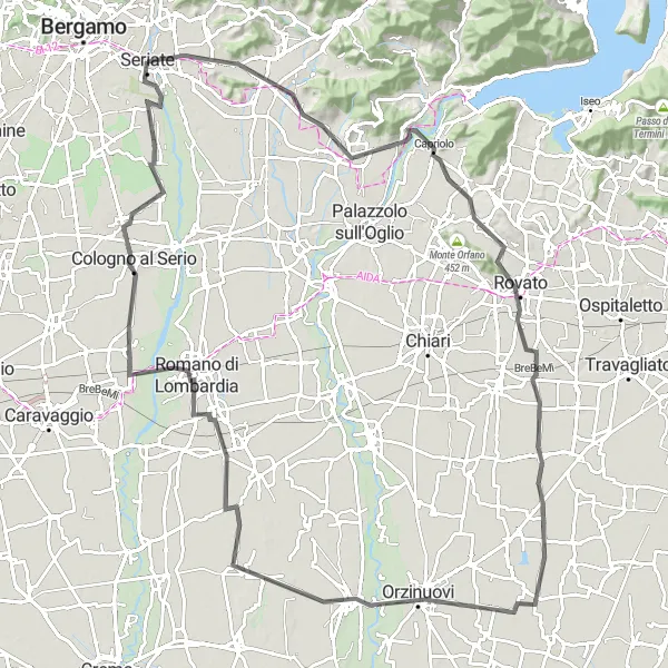 Mapa miniatúra "Okružná cyklotrasa cez Seriate" cyklistická inšpirácia v Lombardia, Italy. Vygenerované cyklistickým plánovačom trás Tarmacs.app