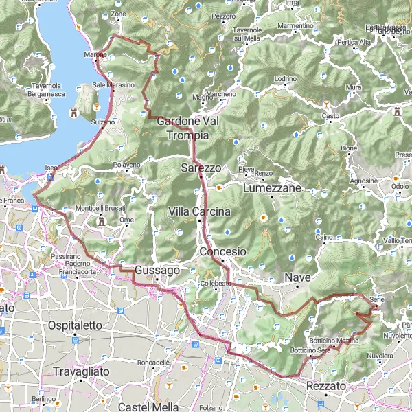 Zemljevid v pomanjšavi "Serle - Monte Paina Gravel Adventure" kolesarske inspiracije v Lombardia, Italy. Generirano z načrtovalcem kolesarskih poti Tarmacs.app