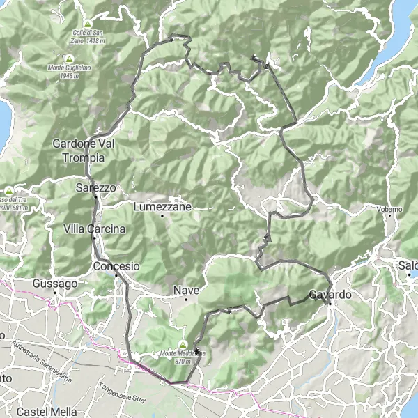 Mapa miniatúra "Náročný okruh cez Monte Crestole" cyklistická inšpirácia v Lombardia, Italy. Vygenerované cyklistickým plánovačom trás Tarmacs.app